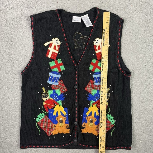 VTG Bobbie Brooks Christmas Sweater Vest Black Presents Gifts Button Womens XL - Picture 7 of 8